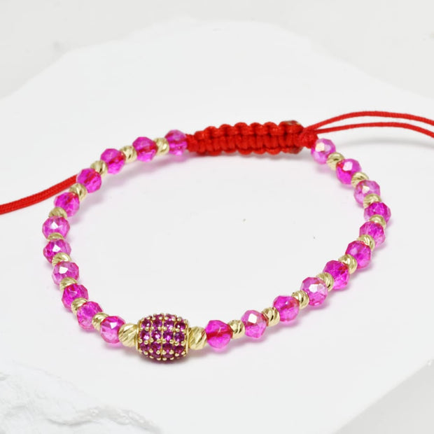 14K Gold and Pink Crystal Bracelet – Red Cord