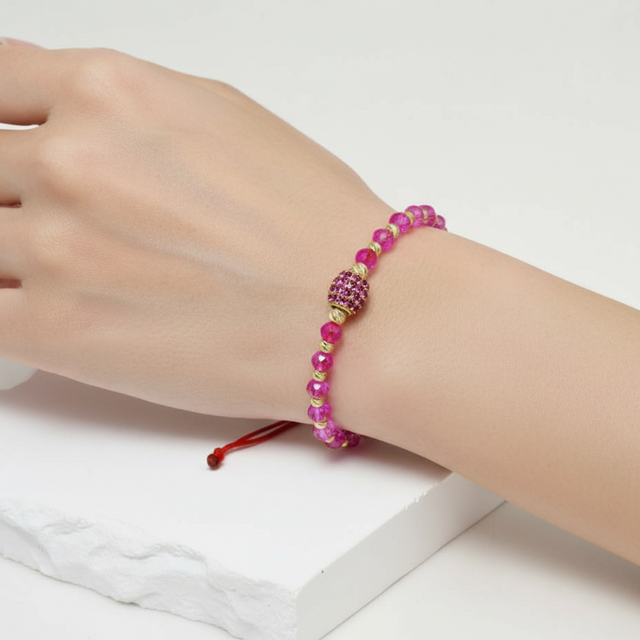 14K Gold and Pink Crystal Bracelet – Red Cord