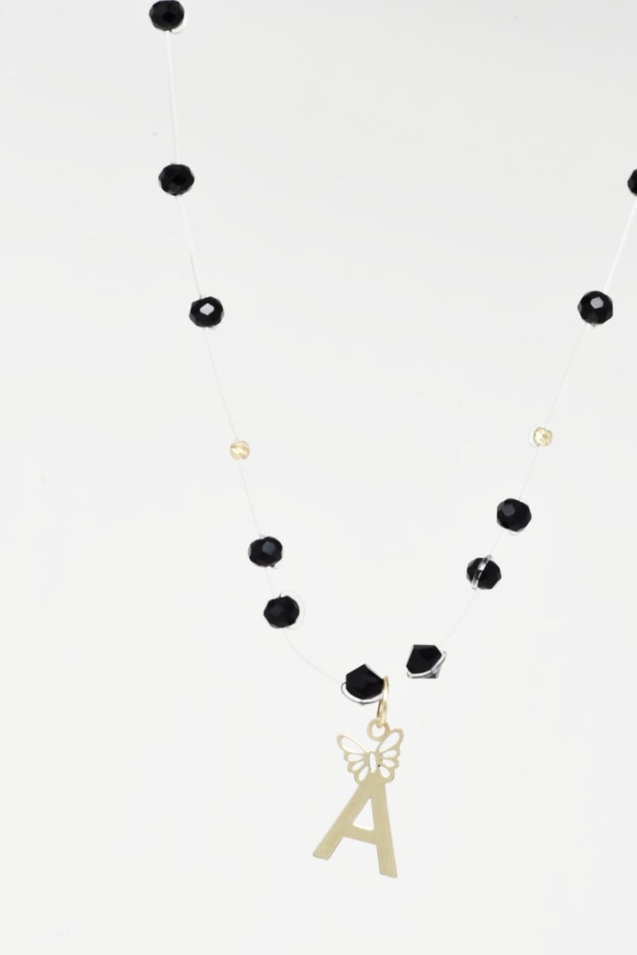 Necklace with Faceted Black Crystal Beads and “A” Initial Pendant