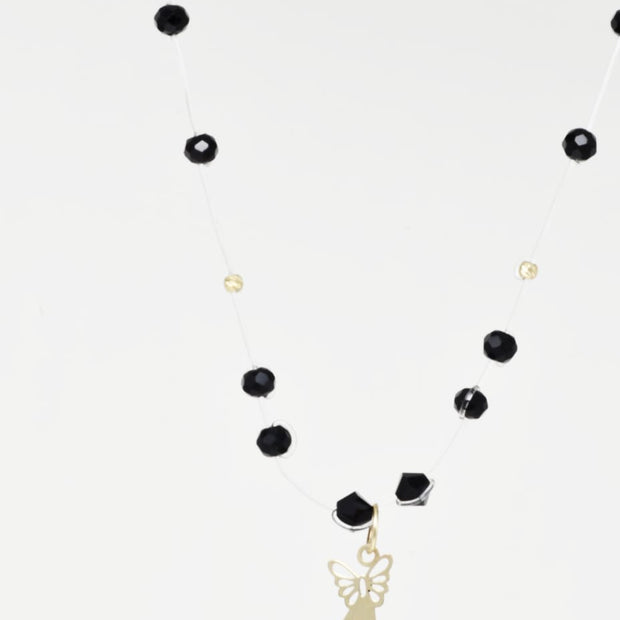Necklace with Faceted Black Crystal Beads and “A” Initial Pendant