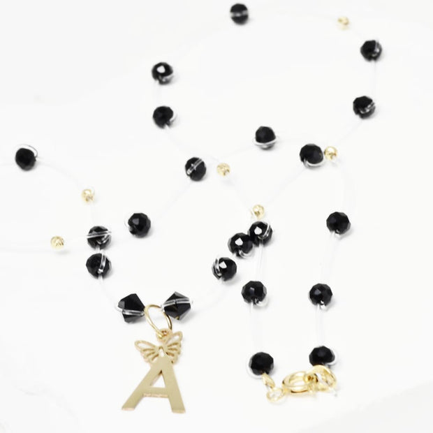 Necklace with Faceted Black Crystal Beads and “A” Initial Pendant
