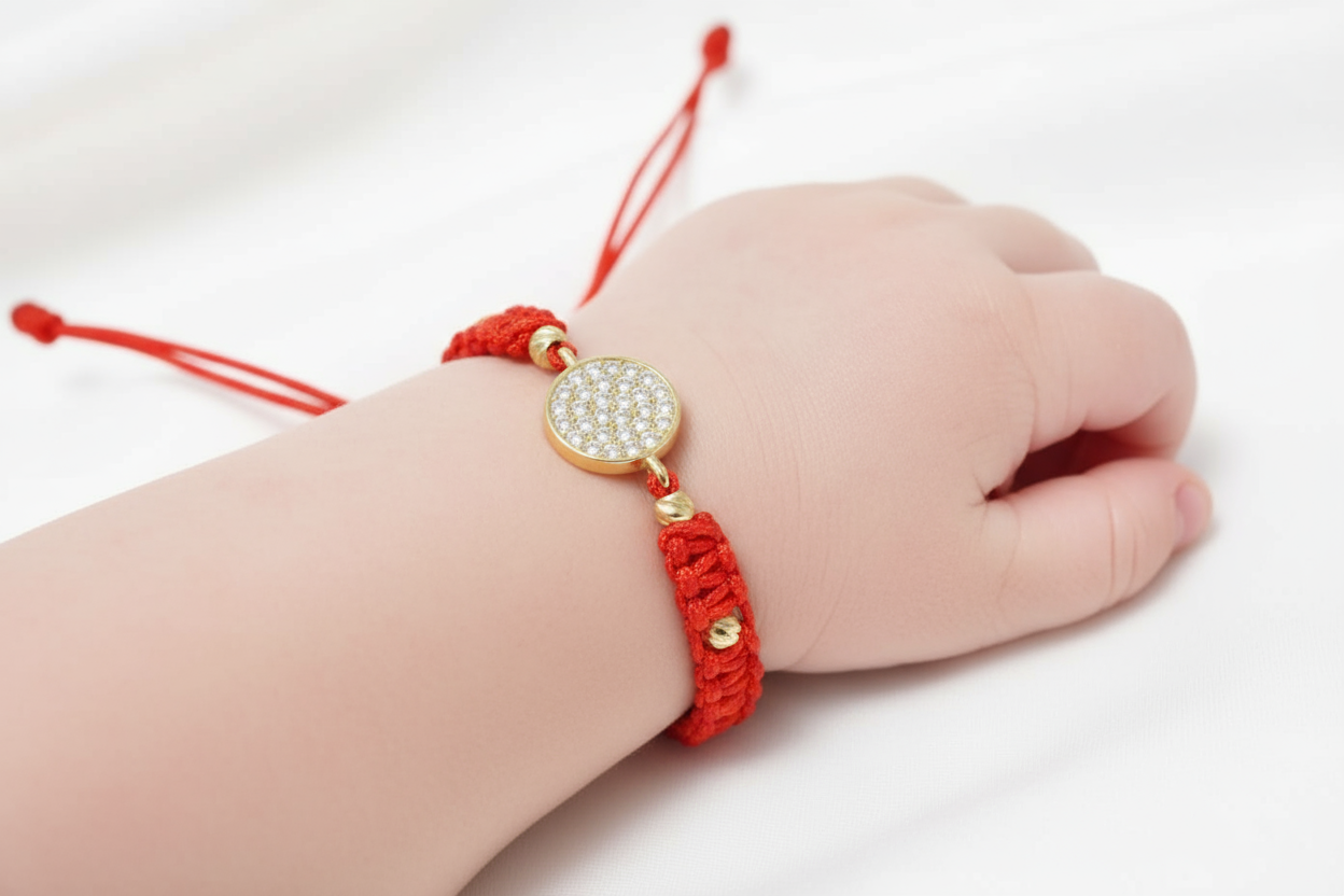 Red Cord baby Bracelet with Round Cubic Zirconia Charm