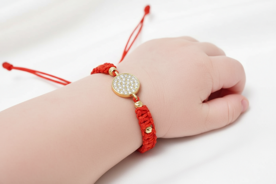 Red Cord baby Bracelet with Round Cubic Zirconia Charm