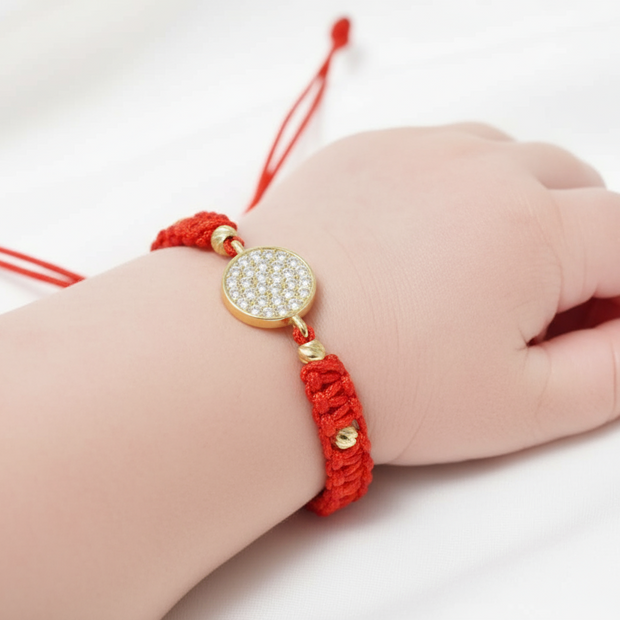 Red Cord baby Bracelet with Round Cubic Zirconia Charm