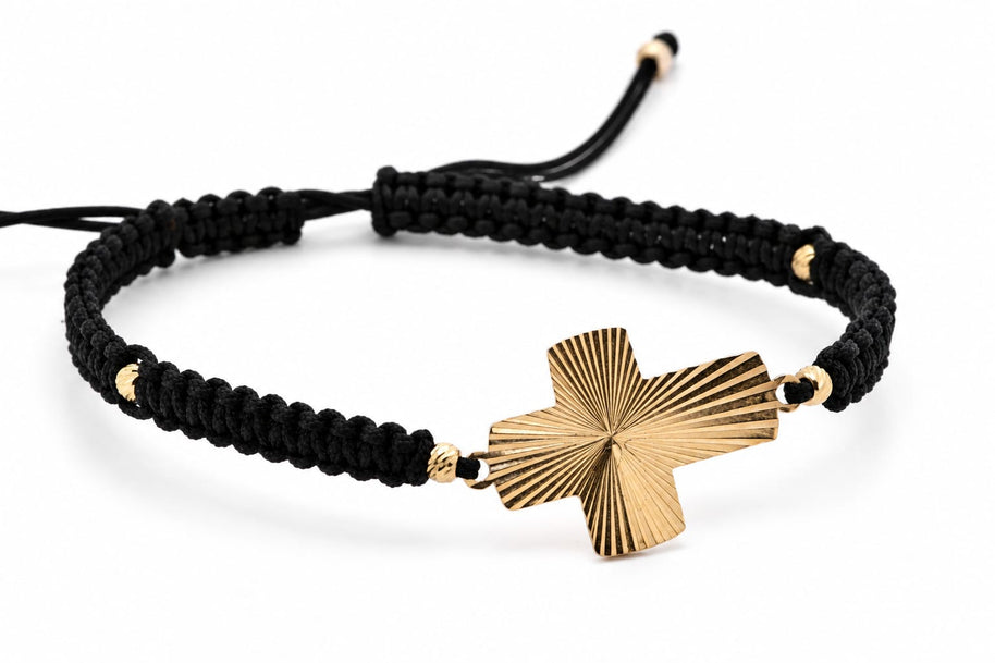 14K Gold Radiant Cross Black Cord Bracelet