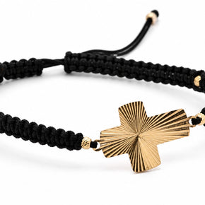 14K Gold Radiant Cross Black Cord Bracelet