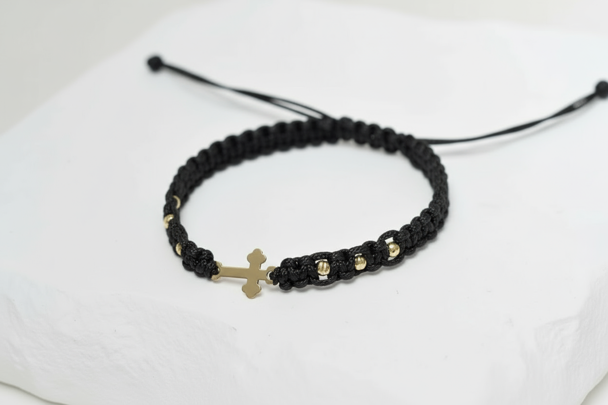 14K Gold Cross Bracelet – with 6 gold beads