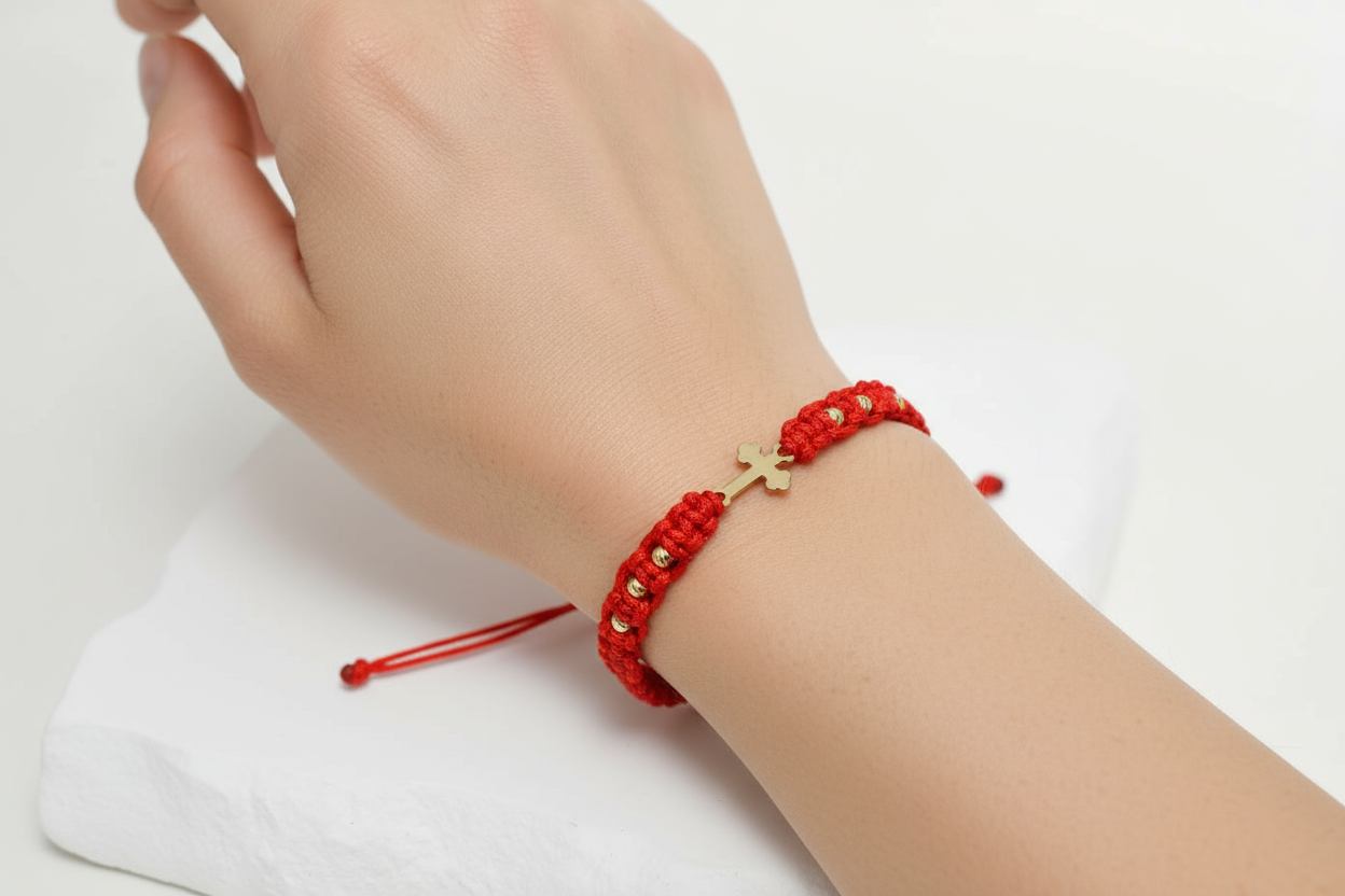 14K Gold Cross Bracelet – with 6 gold beads