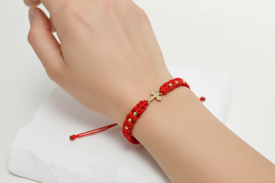 14K Gold Cross Bracelet – with 6 gold beads