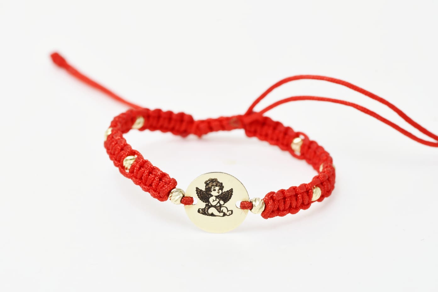 14K Gold Red Cord Bracelet – Guardian Angel Charm with 6 Gold Beads