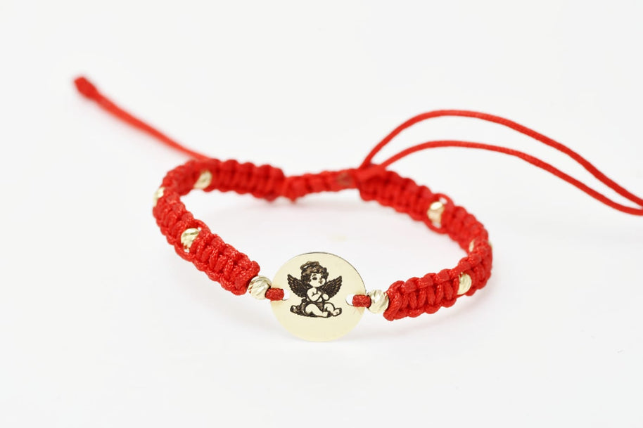 14K Gold Red Cord Bracelet – Guardian Angel Charm with 6 Gold Beads