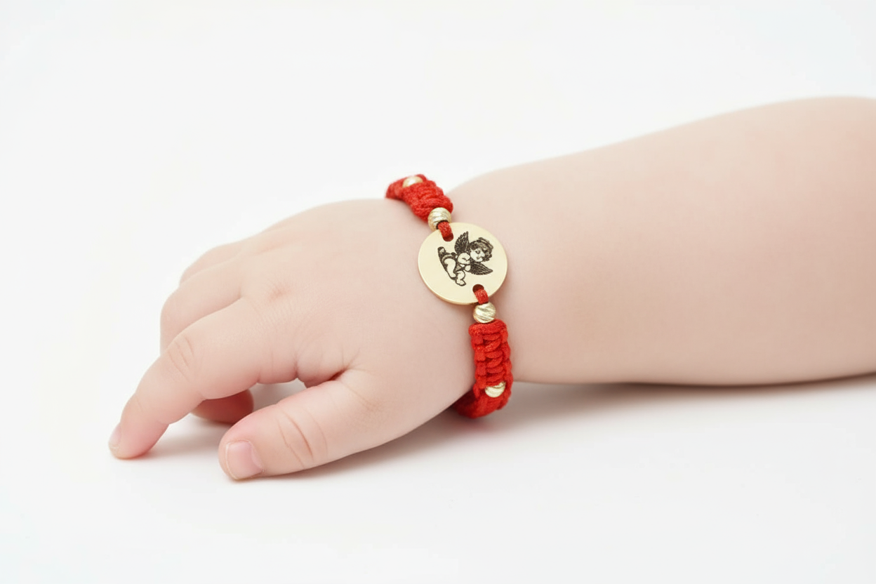 14K Gold Red Cord Bracelet – Guardian Angel Charm with 6 Gold Beads