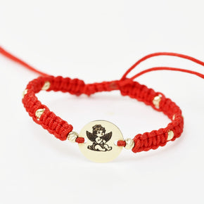 14K Gold Red Cord Bracelet – Guardian Angel Charm with 6 Gold Beads