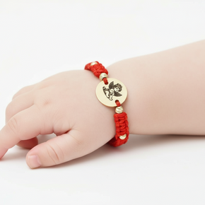 14K Gold Red Cord Bracelet – Guardian Angel Charm with 6 Gold Beads