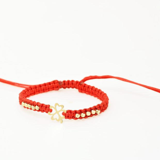 14K Gold Red Cord Bracelet – Double Heart Clover with 10 Gold Beads