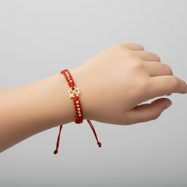 14K Gold Red Cord Bracelet – Double Heart Clover with 10 Gold Beads