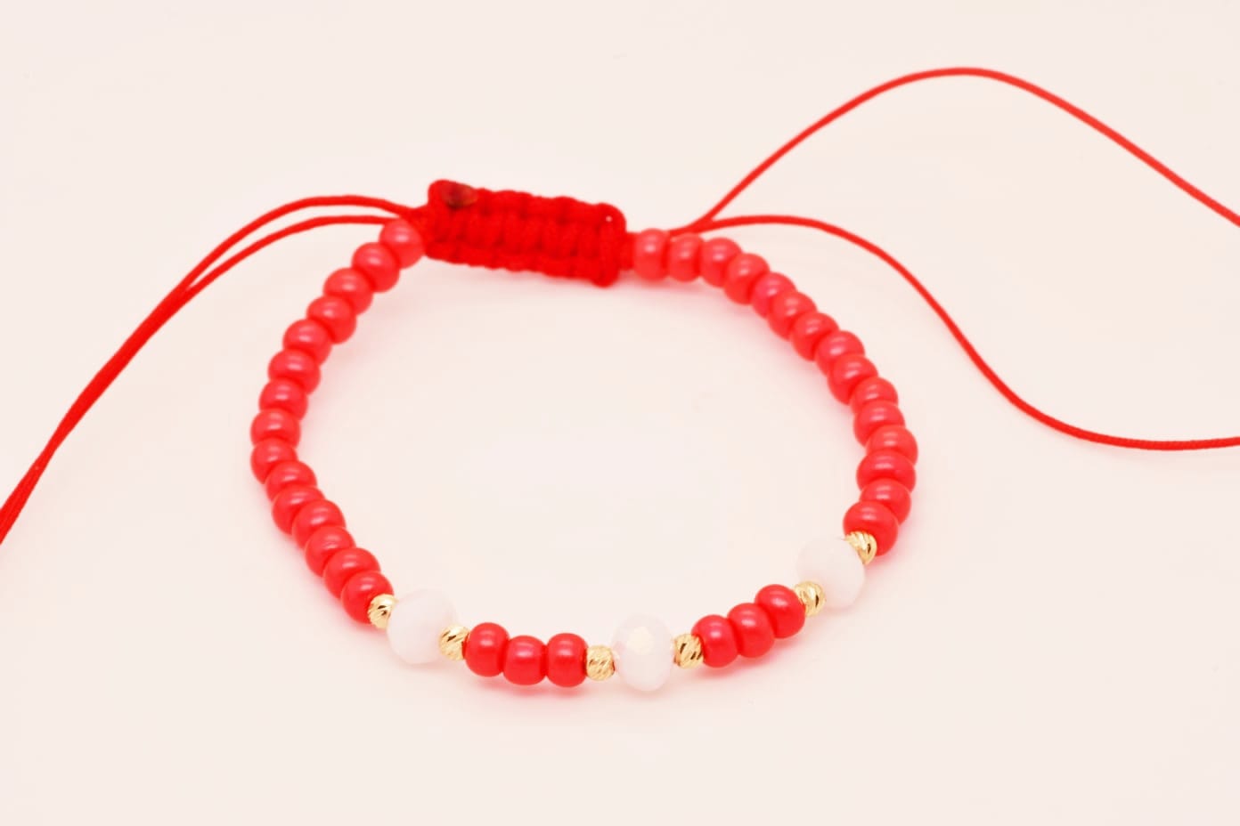 14K Gold Red and White Beaded Bracelet – Symbol of Purity and Protection