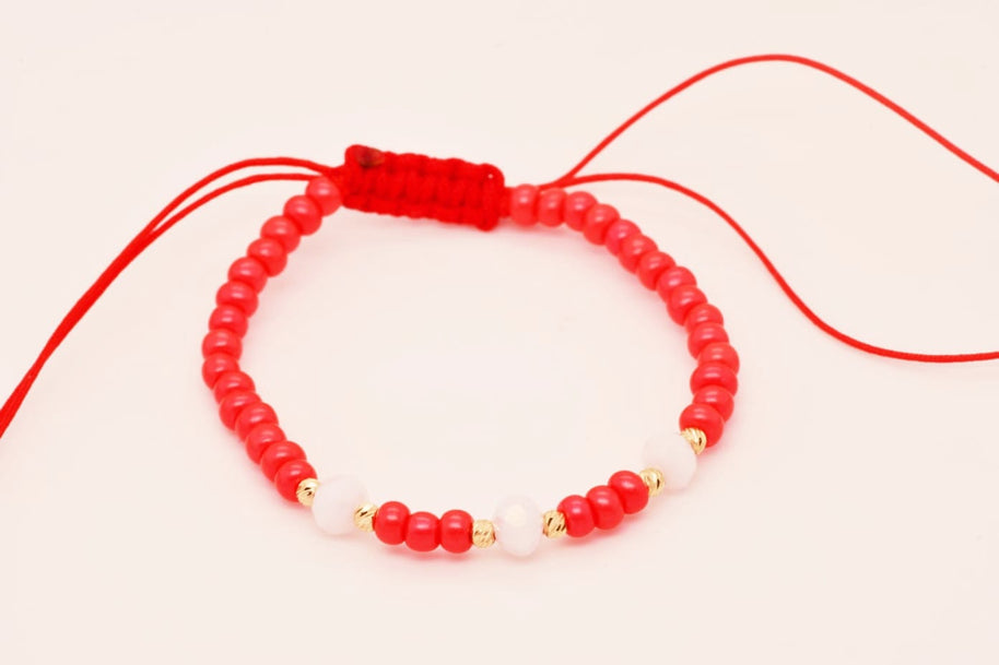14K Gold Red and White Beaded Bracelet – Symbol of Purity and Protection