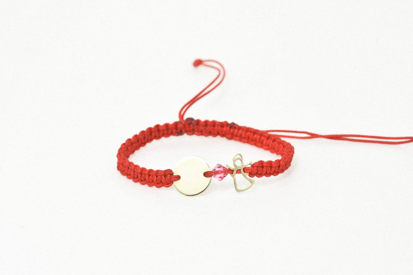 14K Gold Red Cord Bracelet – Angel and Disc Charm