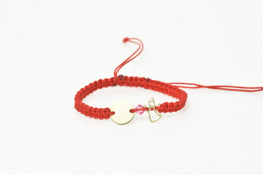 14K Gold Red Cord Bracelet – Angel and Disc Charm
