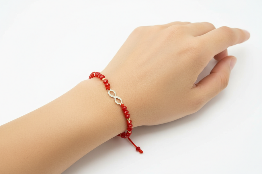 14K Gold Red Beaded Bracelet – Infinity Charm