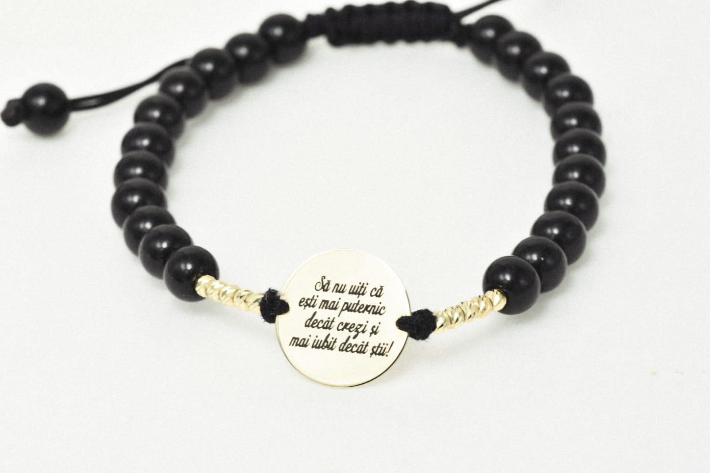 14K Gold Black Beaded Bracelet – “You Are Stronger Than You Think”