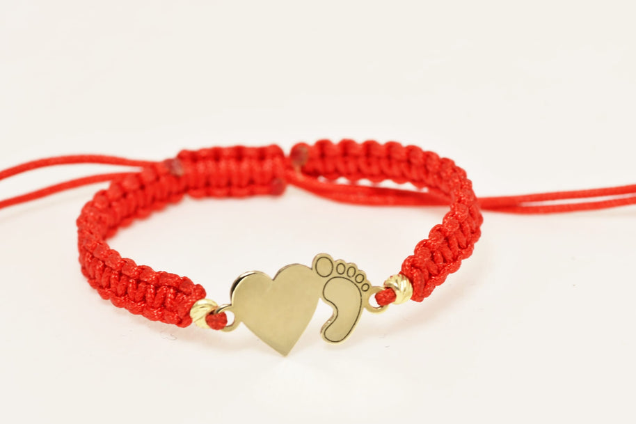 14K Gold Red Cord Bracelet – Heart &Baby Foot Charm