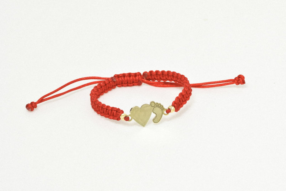 14K Gold Red Cord Bracelet – Heart &Baby Foot Charm