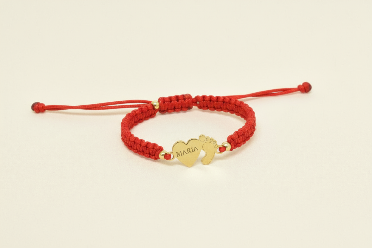 14K Gold Red Cord Bracelet – Heart &Baby Foot Charm