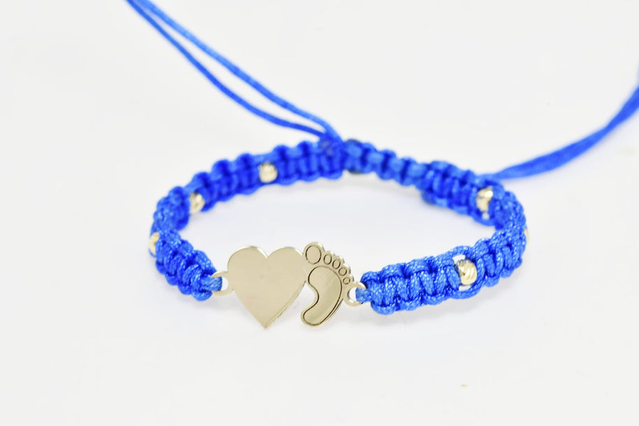 14K Gold BLUE Cord Bracelet – Heart &amp; Baby Foot Charm
