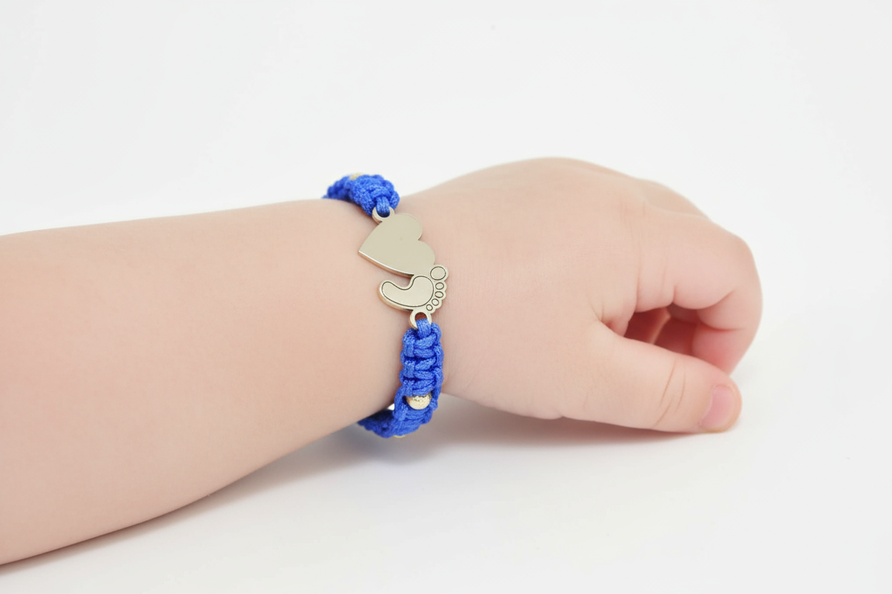 14K Gold BLUE Cord Bracelet – Heart & Baby Foot Charm