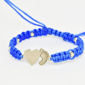 14K Gold BLUE Cord Bracelet – Heart & Baby Foot Charm
