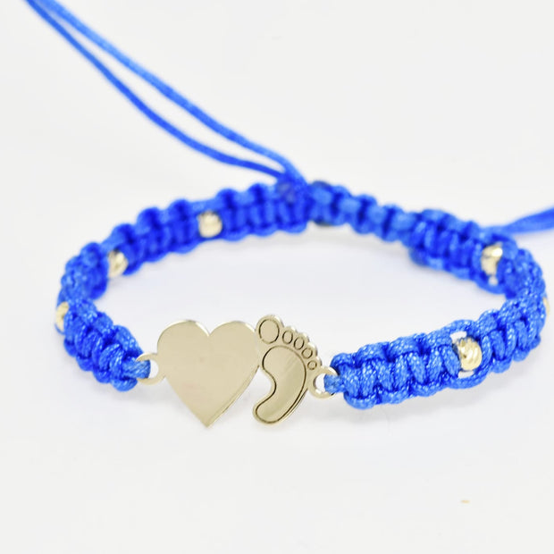14K Gold BLUE Cord Bracelet – Heart &amp; Baby Foot Charm