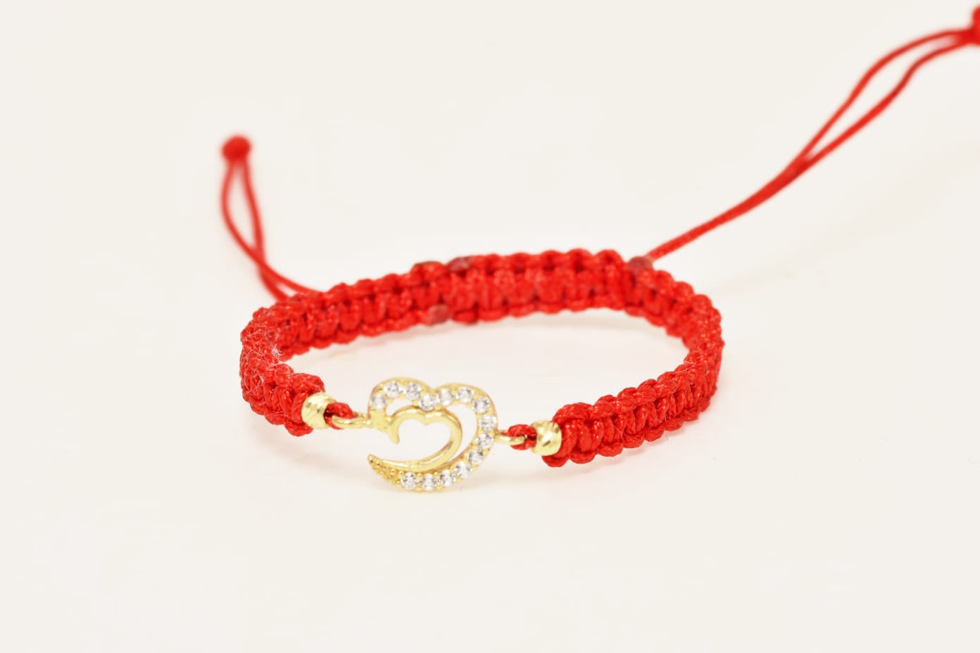 14K Gold Red Cord Bracelet – Double Heart with Zirconia