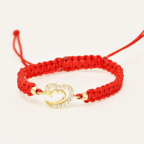 14K Gold Red Cord Bracelet – Double Heart with Zirconia