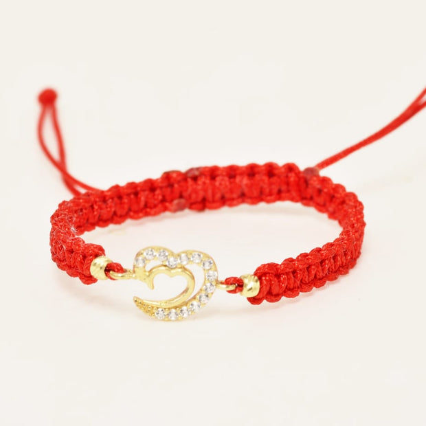 14K Gold Red Cord Bracelet – Double Heart with Zirconia