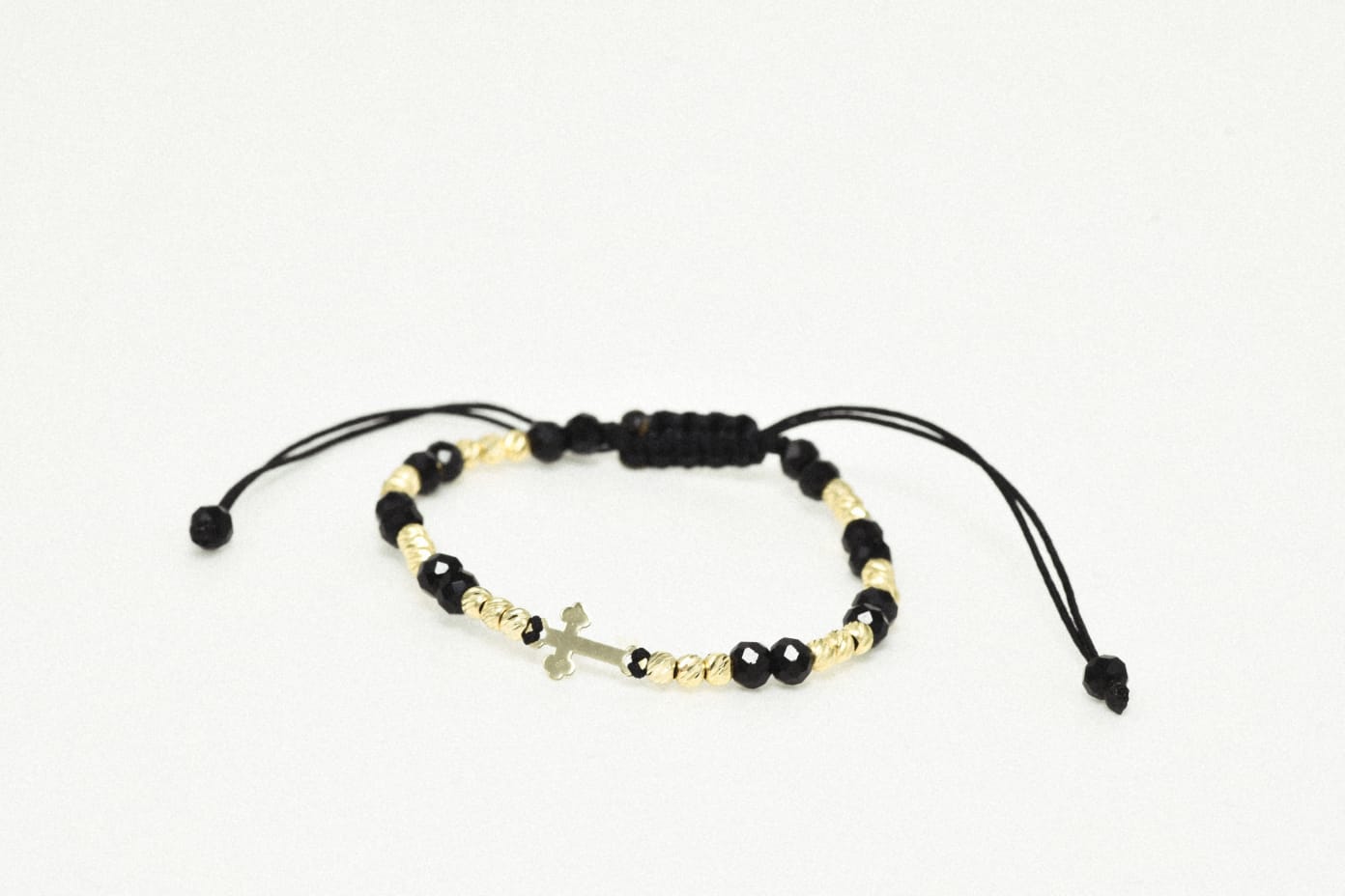 14K Gold Black Cord Bracelet – Cross Charm with Faceted Beads