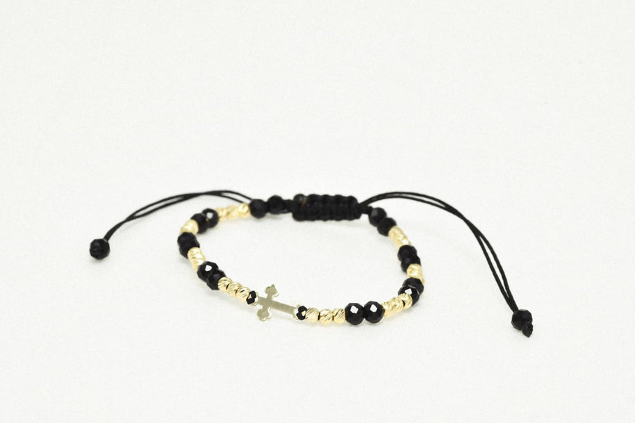 14K Gold Black Cord Bracelet – Cross Charm with Faceted Beads