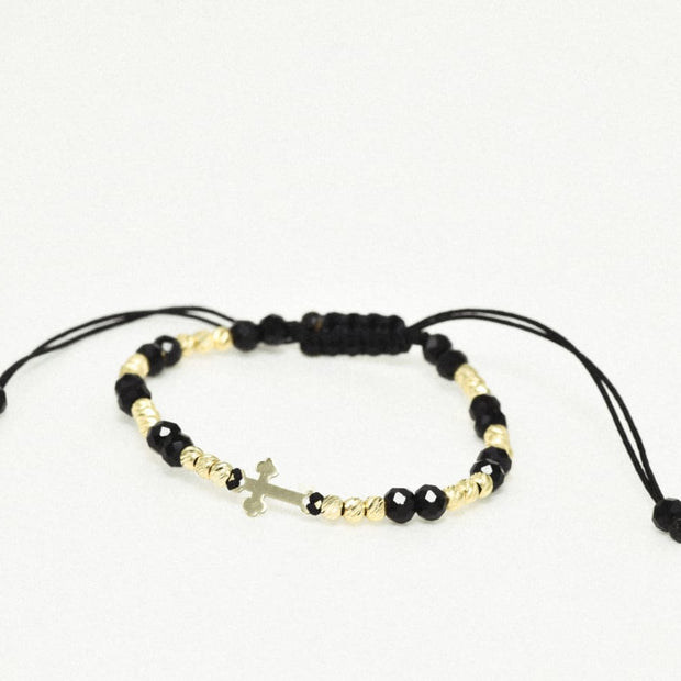 14K Gold Black Cord Bracelet – Cross Charm with Faceted Beads