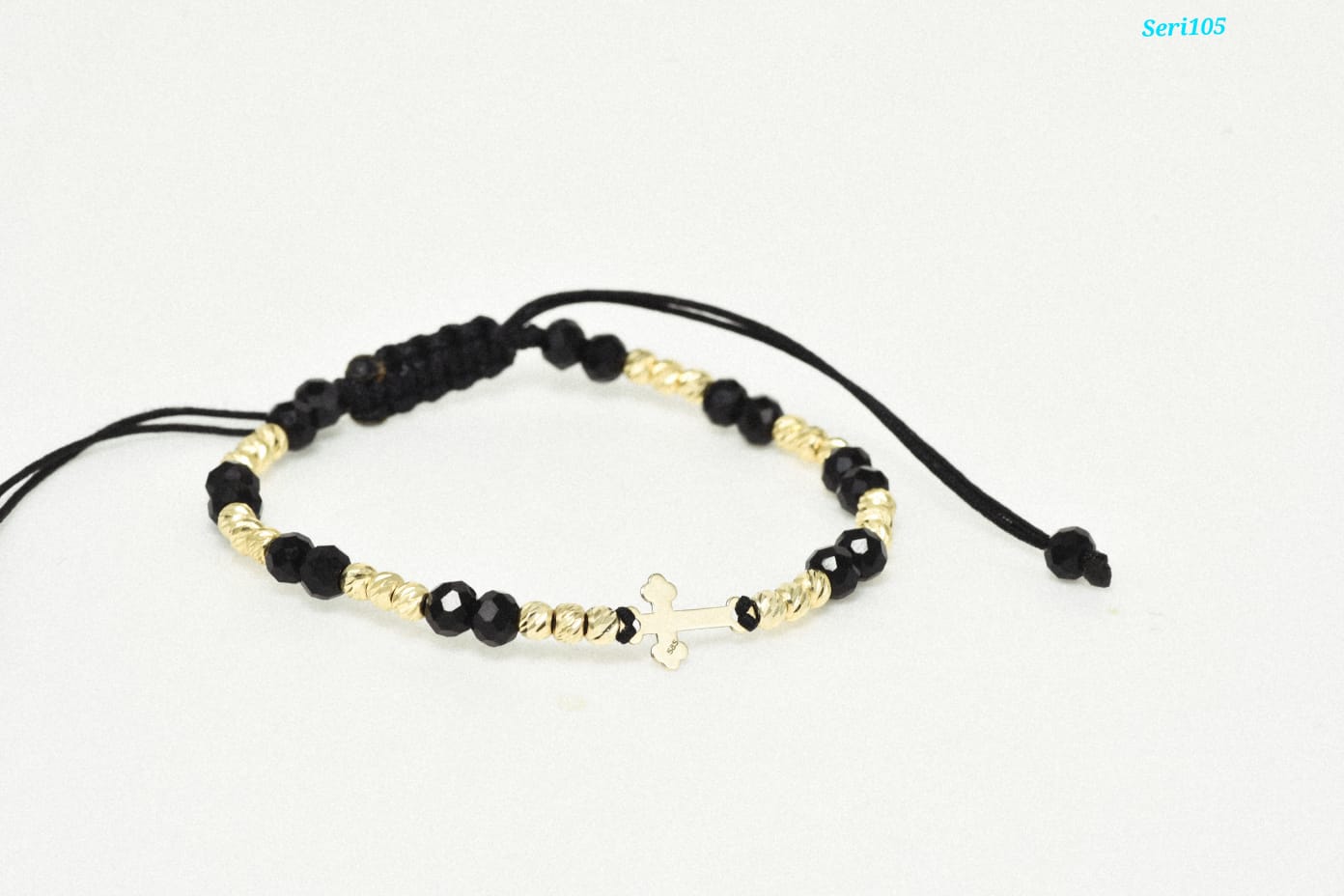 14K Gold Black Cord Bracelet – Cross Charm with Faceted Beads