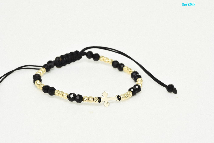 14K Gold Black Cord Bracelet – Cross Charm with Faceted Beads