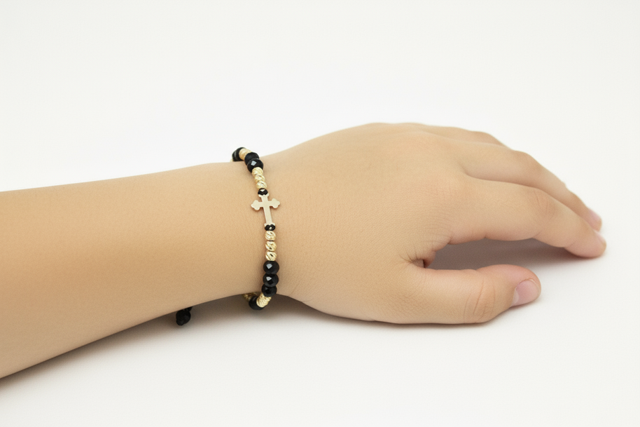14K Gold Black Cord Bracelet – Cross Charm with Faceted Beads