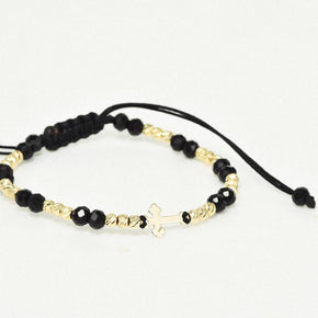14K Gold Black Cord Bracelet – Cross Charm with Faceted Beads