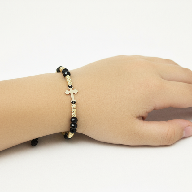14K Gold Black Cord Bracelet – Cross Charm with Faceted Beads
