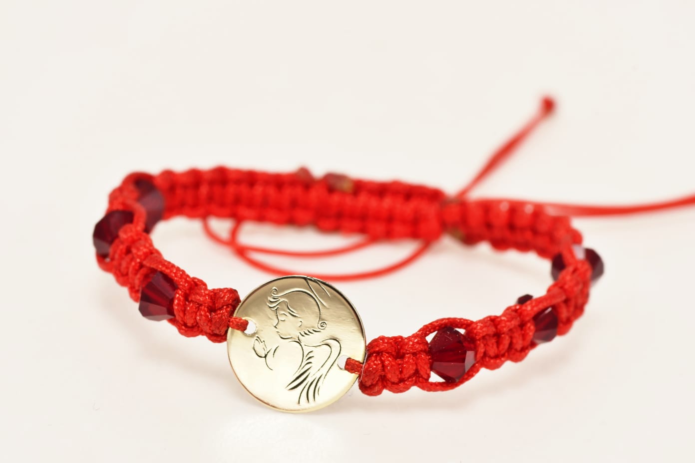 14K Gold Red Cord Bracelet – Guardian Angel Charm with Red Crystal Beads