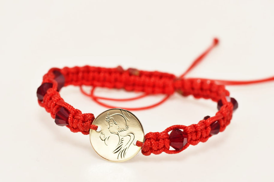14K Gold Red Cord Bracelet – Guardian Angel Charm with Red Crystal Beads