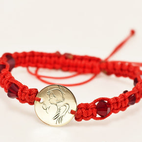 14K Gold Red Cord Bracelet – Guardian Angel Charm with Red Crystal Beads
