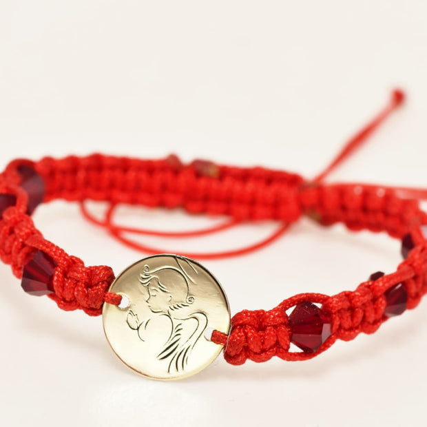 14K Gold Red Cord Bracelet – Guardian Angel Charm with Red Crystal Beads