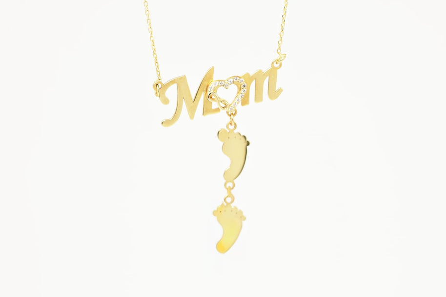 14K Gold “Mom” Necklace with Baby Feet and Heart Detail
