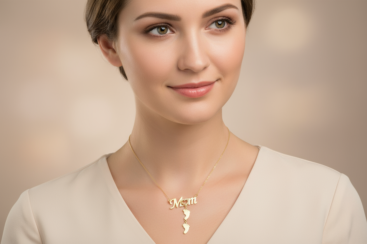 14K Gold “Mom” Necklace with Baby Feet and Heart Detail